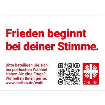 Aufkleber DIN A6 "Frieden beginnt bei Deiner Stimme" zur Caritas-Kampagne 2024 (50 Stück)